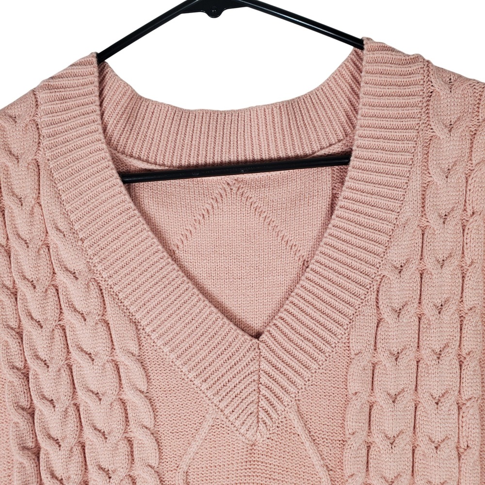 Womens Pink Cable Knit V-Neck Sweater Vest Size Large Sleeveless Diamond Knit